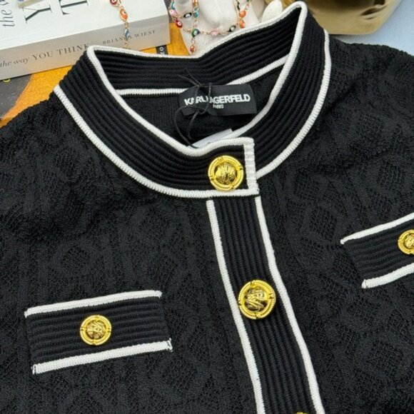 🆕 KARL LAGERFELD 🧿 NWT Black Classic Jacquard Knit Short Sleeve Sweater SzL - Picture 14 of 16